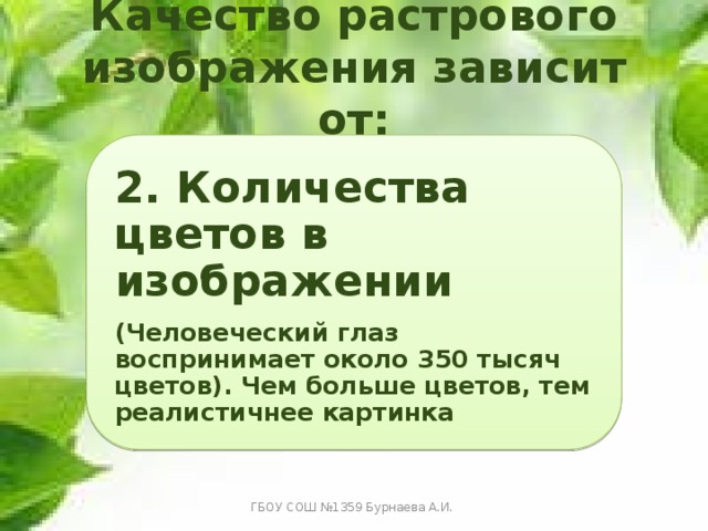 Качество растрового изображения зависит от: 2. Количества цветов в изображении (Человеческий глаз воспринимает около 350 тысяч цветов). Чем больше цветов, тем реалистичнее картинка ГБОУ СОШ №1359 Бурнаева А.И. 