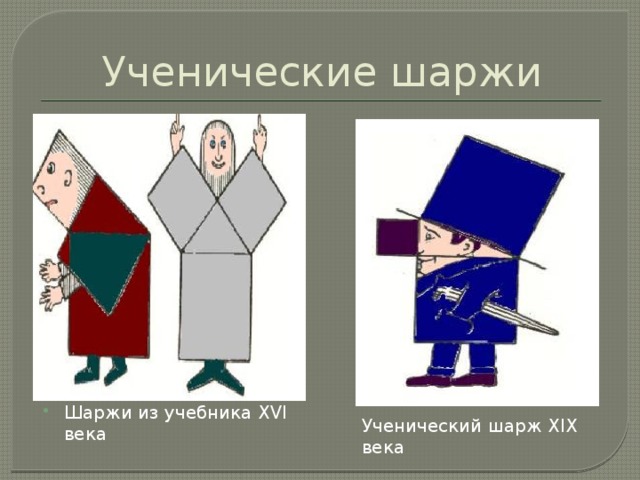 Ученические шаржи Шаржи из учебника XVI века Ученический шарж XIX века 