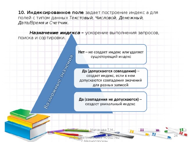10. Индексированное поле задает построение индекс а для полей с типом данных Текстовый, Числовой, Денежный, Дата/Время и Счетчик.   Назначение индекса – ускорение выполнения запросов, поиска и сортировки. Составитель: Малахова Т.М., учитель информатики МБОУ «СОШ №2 г.Медногорска»  