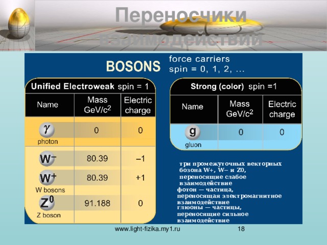 Переносчики взаимодействий три промежуточных векторных бозона W+, W− и Z0, переносящие слабое взаимодействие фотон — частица, переносящая электромагнитное взаимодействие глюоны — частицы, переносящие сильное взаимодействие  www.light-fizika.my1.ru  