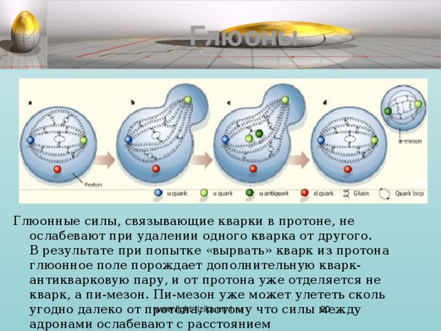 Глюоны Глюонные силы, связывающие кварки в протоне, не ослабевают при удалении одного кварка от другого. В результате при попытке «вырвать» кварк из протона глюонное поле порождает дополнительную кварк-антикварковую пару, и от протона уже отделяется не кварк, а пи-мезон. Пи-мезон уже может улететь сколь угодно далеко от протона, потому что силы между адронами ослабевают с расстоянием  www.light-fizika.my1.ru  