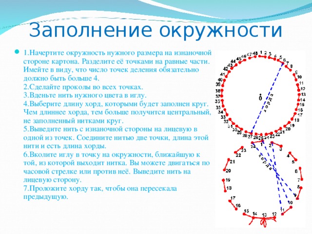 Заполнение окружности 1.Начертите окружность нужного размера на изнаночной стороне картона. Разделите её точками на равные части. Имейте в виду, что число точек деления обязательно должно быть больше 4.  2.Сделайте проколы во всех точках.  3.Вденьте нить нужного цвета в иглу.  4.Выберите длину хорд, которыми будет заполнен круг. Чем длиннее хорда, тем больше получится центральный, не заполненный нитками круг.  5.Выведите нить с изнаночной стороны на лицевую в одной из точек. Соедините нитью две точки, длина этой нити и есть длина хорды.  6.Вколите иглу в точку на окружности, ближайшую к той, из которой выходит нитка. Вы можете двигаться по часовой стрелке или против неё. Выведите нить на лицевую сторону.  7.Проложите хорду так, чтобы она пересекала предыдущую.   