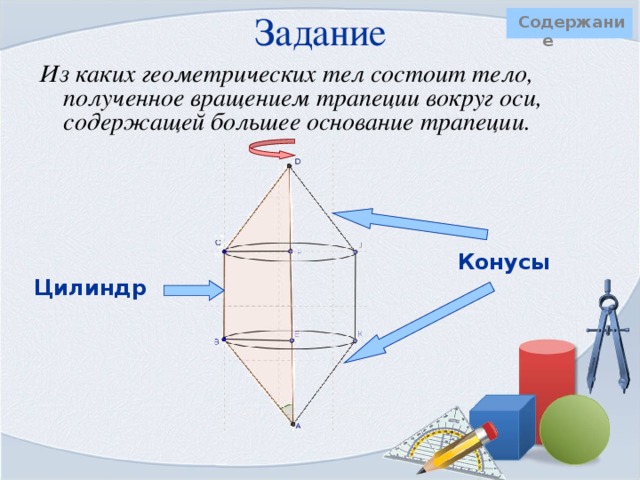 Задание     Содержание Из каких геометрических тел состоит тело, полученное вращением трапеции вокруг оси, содержащей большее основание трапеции.  Конусы Цилиндр 