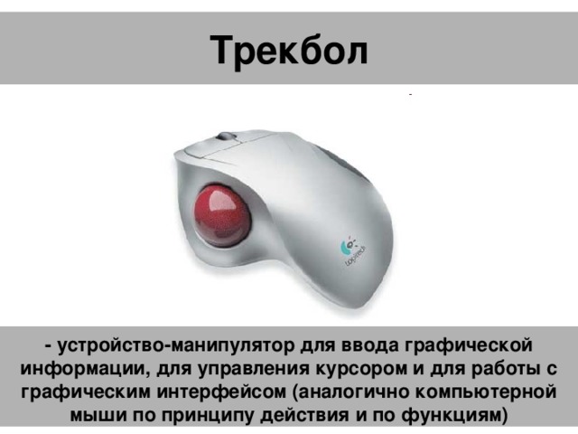 Трекбол   - устройство-манипулятор для ввода графической информации, для управления курсором и для работы с графическим интерфейсом (аналогично компьютерной мыши по принципу действия и по функциям)   