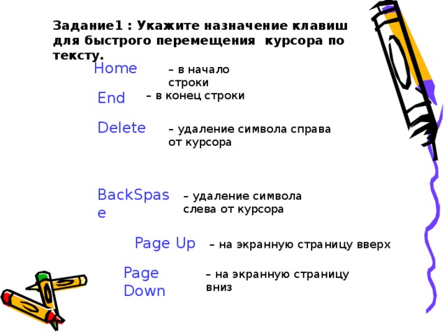 Укажите назначение. Укажите Назначение клавиш для быстрого перемещения курсора по тексту. Клавишу используют для постраничного перемещения по экрану вверх. Быстрое перемещение курсора в начало строки. Клавиша для постраничного перемещения по экрану вниз.