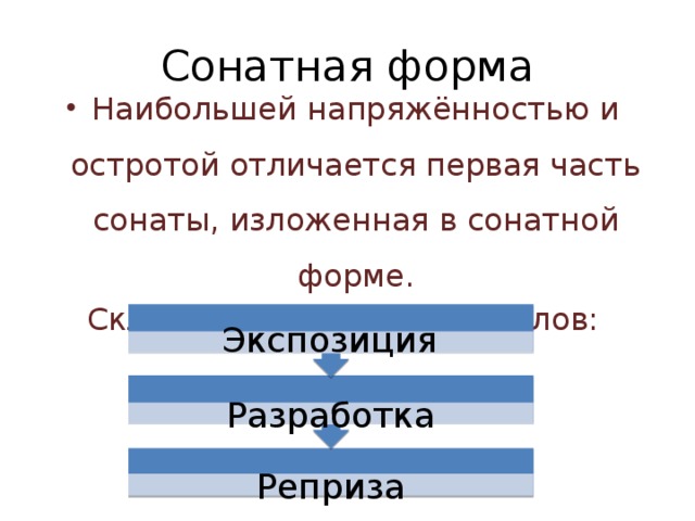 Сонатная форма Наибольшей напряжённостью и остротой отличается первая часть сонаты, изложенная в сонатной форме. Складывается из 3-х разделов: Экспозиция  Разработка Реприза 4 