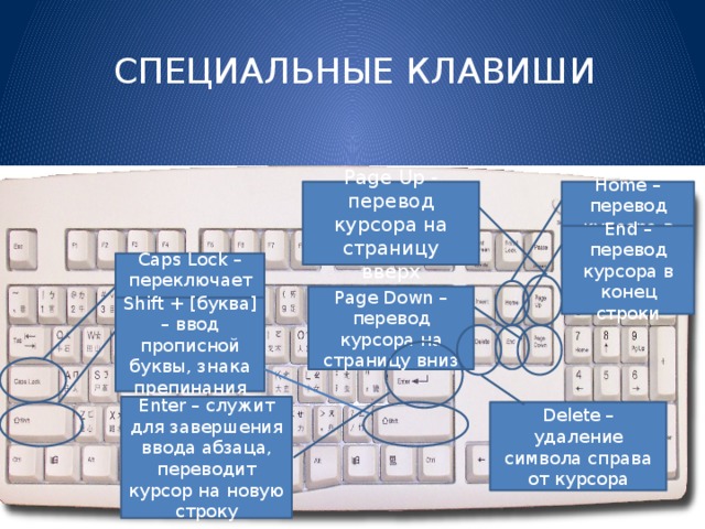 СПЕЦИАЛЬНЫЕ КЛАВИШИ Page Up - перевод курсора на страницу вверх Home – перевод курсора в начало строки End – перевод курсора в конец строки Caps Lock – переключает режим ввода прописных букв Page Down – перевод курсора на страницу вниз Shift + [буква] – ввод прописной буквы, знака препинания Enter – служит для завершения ввода абзаца, переводит курсор на новую строку Delete – удаление символа справа от курсора 