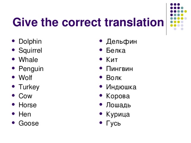 Give the correct translation Dolphin Squirrel Whale Penguin Wolf Turkey Cow Horse Hen Goose Дельфин Белка Кит Пингвин Волк Индюшка Корова Лошадь Курица Гусь 