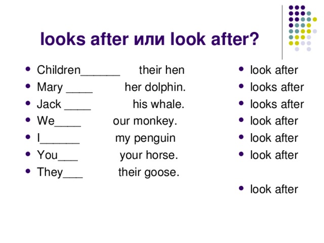 looks after или look after? Children______ their hen Mary ____ her dolphin. Jack ____ his whale. We____ our monkey. I______ my penguin You___ your horse. They___ their goose.  look after looks after looks after look after look after look after  look after 