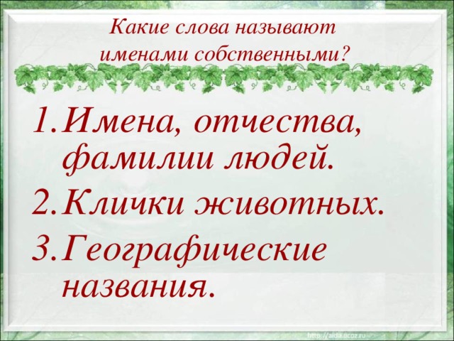 Какие слова называют  именами собственными ? Имена, отчества, фамилии людей. Клички животных. Географические названия. 