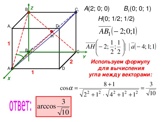 A (2 ; 0; 0) В 1 ( 0; 0; 1) Z С 1 В 1 Н ( 0; 1/2; 1/2) D 1 А 1 H 1 В С У Используем формулу  для вычисления угла между векторами: 2 А D 1 Х 