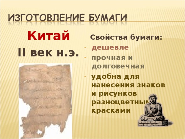 Китай II век н.э.  Свойства бумаги: дешевле прочная и долговечная удобна для нанесения знаков и рисунков разноцветными красками 