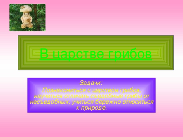В царстве грибов Задачи: Познакомиться с царством грибов, научиться отличать съедобные грибы от несъедобных, учиться бережно относиться к природе. 