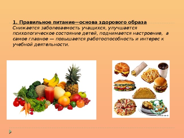 1. Правильное питание—основа здорового образа Снижается заболеваемость учащихся, улучшается психологическое состояние детей, поднимается настроение,  а самое главное — повышается работоспособность и интерес к учебной деятельности. 