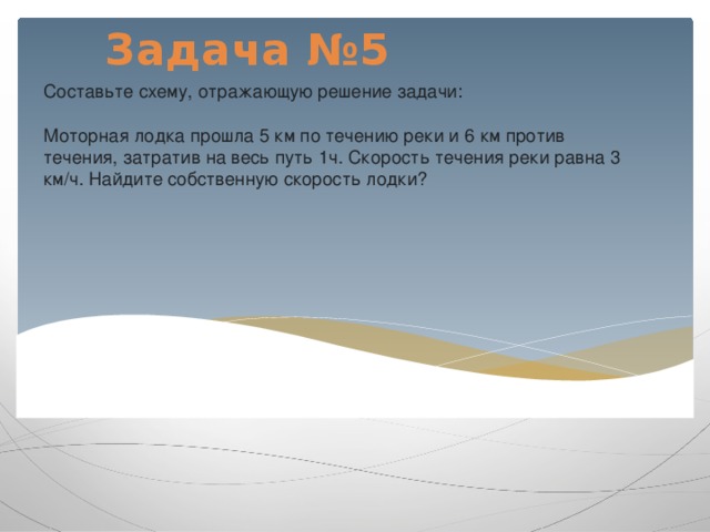 Задача №5 Составьте схему, отражающую решение задачи:   Моторная лодка прошла 5 км по течению реки и 6 км против течения, затратив на весь путь 1ч. Скорость течения реки равна 3 км/ч. Найдите собственную скорость лодки?  