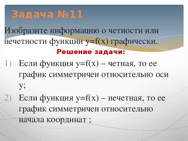 Задача №11    Изобразите информацию о четности или нечетности функции y=f(x) графически. Решение задачи: Если функция y=f(x) – четная, то ее график симметричен относительно оси y; Если функция y=f(x) – нечетная, то ее график симметричен относительно начала координат ;  