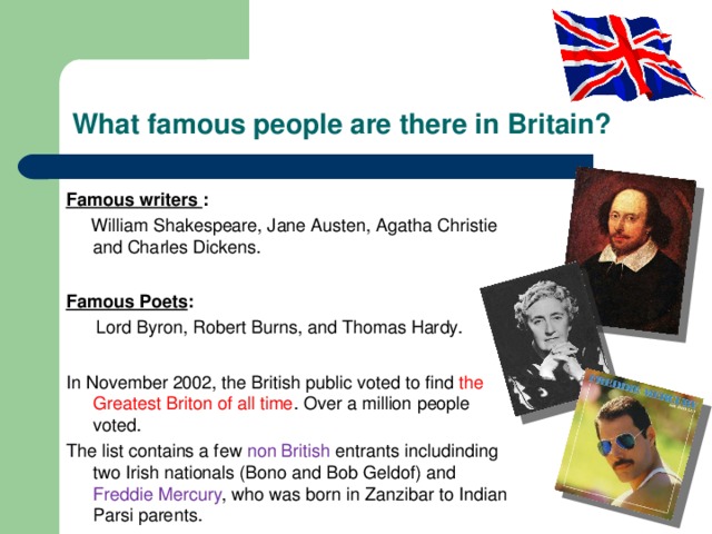 What famous people are there in Britain? Famous writers :  William Shakespeare, Jane Austen, Agatha Christie and Charles Dickens. Famous Poets :  Lord Byron, Robert Burns, and Thomas Hardy. In November 2002, the British public voted to find the Greatest Briton of all time . Over a million people voted. The list contains a few non British entrants includinding two Irish nationals (Bono and Bob Geldof) and Freddie Mercury , who was born in Zanzibar to Indian Parsi parents. 