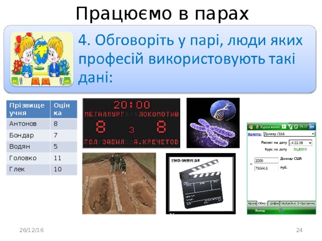 Працюємо в парах Прізвище учня Оцінка Антонов 8 Бондар Водян 7 5 Головко 11 Глек 10 26/12/16  