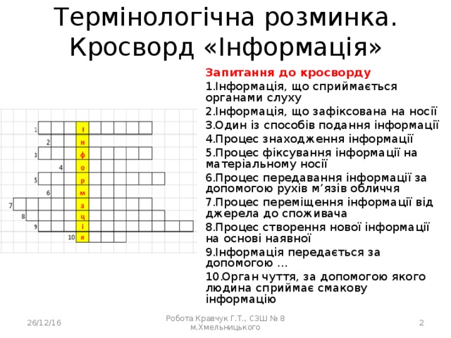 Термінологічна розминка. Кросворд «Інформація» Запитання до кросворду Інформація, що сприймається органами слуху Інформація, що зафіксована на носії Один із способів подання інформації Процес знаходження інформації Процес фіксування інформації на матеріальному носії Процес передавання інформації за допомогою рухів м’язів обличчя Процес переміщення інформації від джерела до споживача Процес створення нової інформації на основі наявної Інформація передається за допомогою … Орган чуття, за допомогою якого людина сприймає смакову інформацію 26/12/16 Робота Кравчук Г.Т., СЗШ № 8 м.Хмельницького  