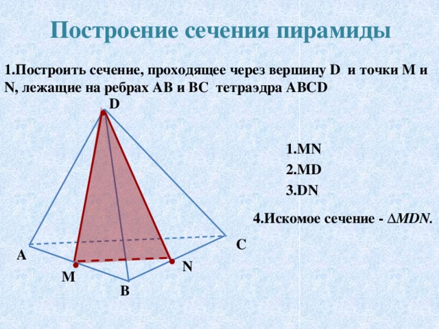 Построение сечения пирамиды 1.Построить сечение, проходящее через вершину D и точки М и N, лежащие на ребрах AB и BC тетраэдра ABCD D •  1.MN 2.MD 3.DN 4.Искомое сечение - ∆ MDN. C A •  •  N M B 