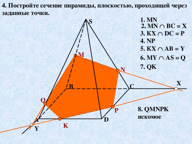 4. Постройте сечение пирамиды, плоскостью, проходящей через заданные точки. 1. MN S 2. MN   ВС = Х 3. КХ   DС = Р 4. NP 5. КХ   АВ = Y M 6. MY  AS = Q 7. QK N X B C Q 8. QMNPK искомое P D А K Y 