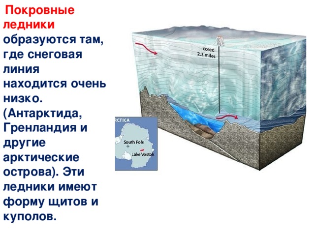  Покровные ледники образуются там, где снеговая линия находится очень низко. (Антарктида, Гренландия и другие арктические острова). Эти ледники имеют форму щитов и куполов.  