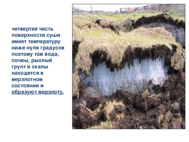 четвертая часть поверхности суши имеет температуру ниже нуля градусов поэтому там вода, почвы, рыхлый грунт и скалы находятся в мерзлотном состоянии и образуют мерзлоту.    