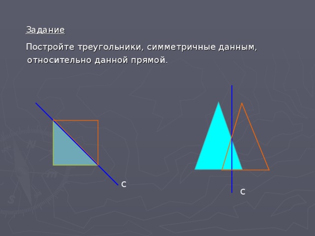  Задание  Постройте треугольники, симметричные данным,  относительно данной прямой. с с 