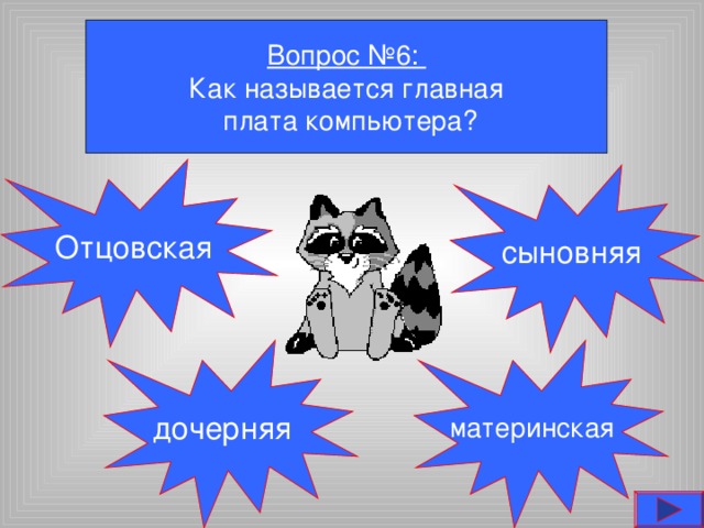 Вопрос №6: Как называется главная  плата компьютера? Отцовская сыновняя дочерняя  материнская 