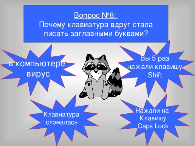 Вопрос №8: Почему клавиатура вдруг стала писать заглавными буквами? Вы 5 раз  нажали клавишу Shift в компьютере  вирус Клавиатура сломалась Нажали на Клавишу Caps Lock 