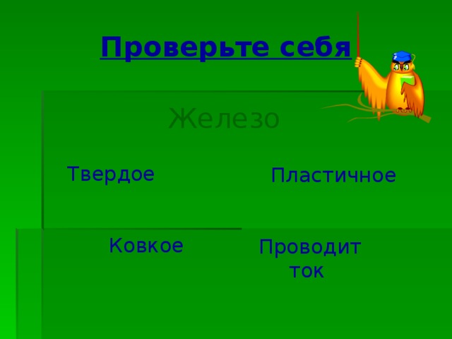 Проверьте себя Железо  Твердое  Пластичное  Ковкое  Проводит ток 