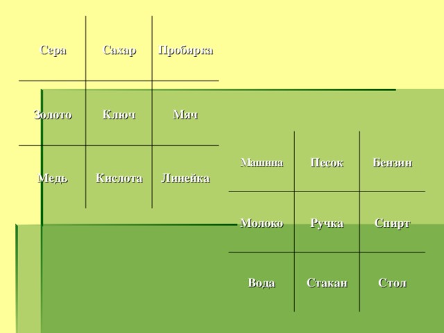 Сера Сахар Пробирка Золото Ключ Мяч Машина Бензин Песок Линейка Медь Кислота Молоко Ручка Спирт Вода Стакан Стол 
