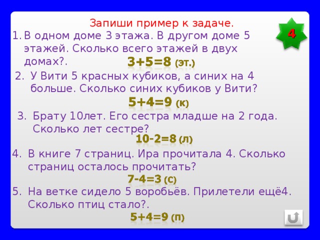  Запиши пример к задаче. 4 В одном доме 3 этажа. В другом доме 5 этажей. Сколько всего этажей в двух домах?. У Вити 5 красных кубиков, а синих на 4 больше. Сколько синих кубиков у Вити? Брату 10лет. Его сестра младше на 2 года. Сколько лет сестре? В книге 7 страниц. Ира прочитала 4. Сколько страниц осталось прочитать? На ветке сидело 5 воробьёв. Прилетели ещё4. Сколько птиц стало?. 