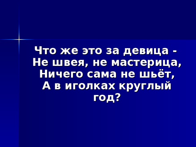  Что же это за девица -  Не швея, не мастерица,  Ничего сама не шьёт,  А в иголках круглый год? 