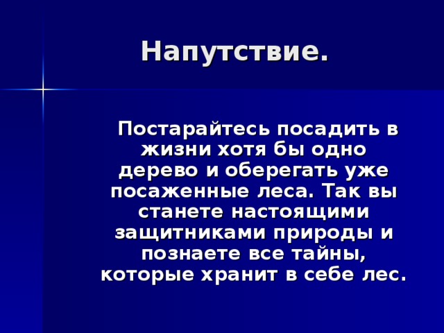 Постарайтесь посадить в жизни хотя бы одно дерево и оберегать уже посаженные леса. Так вы станете настоящими защитниками природы и познаете все тайны, которые хранит в себе лес. 