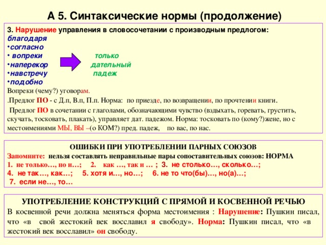 А 5. Синтаксические нормы (продолжение) 3. Нарушение управления в словосочетании с производным предлогом: благодаря согласно  вопреки только  наперекор дательный навстречу   падеж подобно Вопреки (чему?) уговор ам. .Предлог ПО  - с Д.п, В.п, П.п. Норма: по приезд е , по возвращени и , по прочтени и книги .  Предлог ПО в сочетании с глаголами, обозначающими чувство (вздыхать, горевать, грустить, скучать, тосковать, плакать), управляет дат. падежом. Норма: тосковать по (кому?)жене, но с местоимениями МЫ, ВЫ – (о КОМ?) пред. падеж, по вас, по нас. ОШИБКИ ПРИ УПОТРЕБЛЕНИИ ПАРНЫХ СОЮЗОВ Запомните: нельзя составлять неправильные пары сопоставительных союзов: НОРМА 1. не только…, но и…; 2. как …, так и … ; 3. не столько … , сколько…; 4. не так…, как…; 5.  хотя и … , но…; 6. не то что(бы) … , но(а)…;  7. если не … , то … УПОТРЕБЛЕНИЕ КОНСТРУКЦИЙ С ПРЯМОЙ И КОСВЕННОЙ РЕЧЬЮ В косвенной речи должна меняться форма местоимения : Нарушение : Пушкин писал, что «в свой жестокий век восславил я  свободу». Норма : Пушкин писал, что «в жестокий век восславил» он  свободу. 