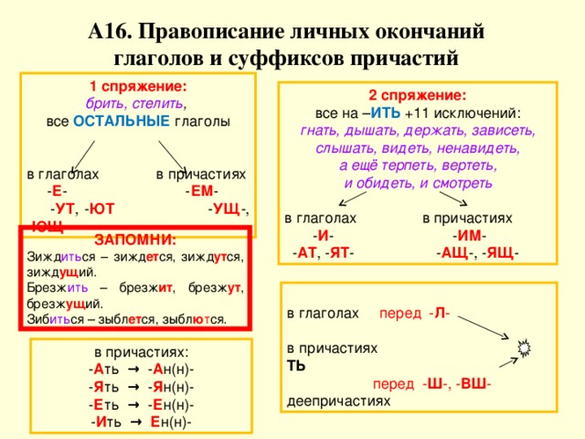 А16. Правописание личных окончаний глаголов и суффиксов причастий 1 спряжение: брить, стелить , все ОСТАЛЬНЫЕ глаголы в глаголах в причастиях  - Е - - ЕМ -  - УТ , - ЮТ - УЩ -, - ЮЩ - 2 спряжение: все на – ИТЬ +11 исключений: гнать, дышать, держать, зависеть, слышать, видеть, ненавидеть, а ещё терпеть, вертеть, и обидеть, и смотреть в глаголах в причастиях  - И - - ИМ -  - АТ , - ЯТ - - АЩ -, - ЯЩ - ЗАПОМНИ: Зижд ить ся – зижд ет ся, зижд ут ся, зижд ущ ий. Брезж ить – брезж ит , брезж ут , брезж ущ ий. Зиб ить ся – зыбл ет ся, зыбл ю т ся. в глаголах перед - Л - в причастиях ТЬ  перед - Ш -, - ВШ - деепричастиях в причастиях: - А ть → - А н(н)- - Я ть → - Я н(н)- - Е ть → - Е н(н)- - И ть → Е н(н)- 