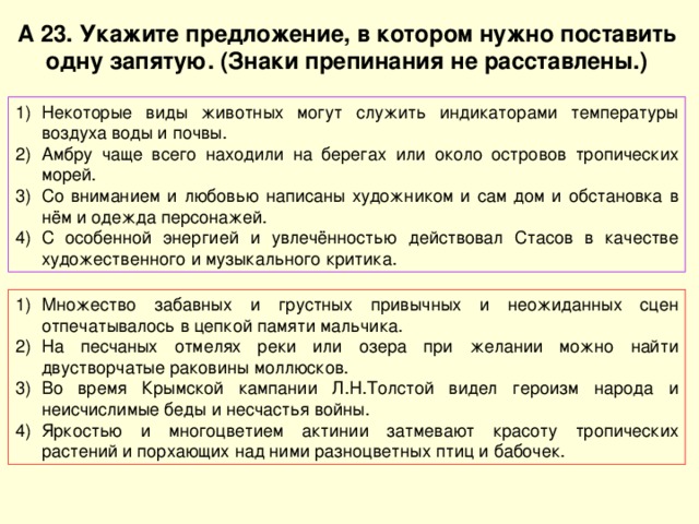 А 23. Укажите предложение, в котором нужно поставить одну запятую. (Знаки препинания не расставлены.) Некоторые виды животных могут служить индикаторами температуры воздуха воды и почвы. Амбру чаще всего находили на берегах или около островов тропических морей. Со вниманием и любовью написаны художником и сам дом и обстановка в нём и одежда персонажей. С особенной энергией и увлечённостью действовал Стасов в качестве художественного и музыкального критика. Множество забавных и грустных привычных и неожиданных сцен отпечатывалось в цепкой памяти мальчика. На песчаных отмелях реки или озера при желании можно найти двустворчатые раковины моллюсков. Во время Крымской кампании Л.Н.Толстой видел героизм народа и неисчислимые беды и несчастья войны. Яркостью и многоцветием актинии затмевают красоту тропических растений и порхающих над ними разноцветных птиц и бабочек. 