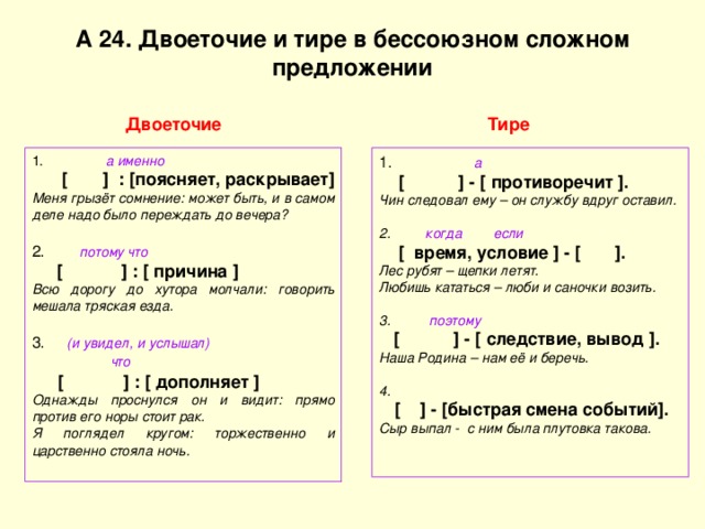 А 24. Двоеточие и тире в бессоюзном сложном предложении  Двоеточие Тире  1. а именно  [ ] : [поясняет, раскрывает] Меня грызёт сомнение: может быть, и в самом деле надо было переждать до вечера? 2. потому что  [ ] : [ причина ] Всю дорогу до хутора молчали: говорить мешала тряская езда. 3. (и увидел, и услышал) 1.  а  [ ] - [ противоречит ]. Чин следовал ему – он службу вдруг оставил.  2. когда если   [ время, условие ] - [ ]. Лес рубят – щепки летят. Любишь кататься – люби и саночки возить.  3. поэтому   [ ] - [ следствие, вывод ]. Наша Родина – нам её и беречь.  4.  [ ] - [быстрая смена событий]. Сыр выпал - с ним была плутовка такова.  что  [ ] : [ дополняет ] Однажды проснулся он и видит: прямо против его норы стоит рак. Я поглядел кругом: торжественно и царственно стояла ночь.  