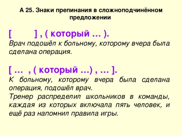 А 25. Знаки препинания в сложноподчинённом предложении [ ] , ( который … ). Врач подошёл к больному, которому вчера была сделана операция.  [ … , ( который …) , … ]. К больному, которому вчера была сделана операция, подошёл врач. Тренер распределил школьников в команды, каждая из которых включала пять человек, и ещё раз напомнил правила игры. 