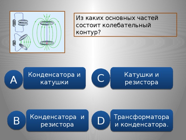 Из каких основных частей состоит колебательный контур? Конденсатора и катушки Катушки и резистора C A Конденсатора и резистора Трансформатора и конденсатора. B D 