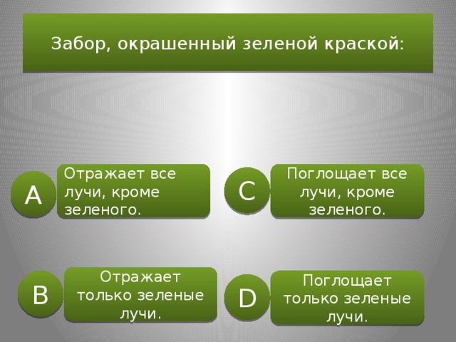 Забор, окрашенный зеленой краской: Отражает все лучи, кроме зеленого. Поглощает все лучи, кроме зеленого. C A Отражает только зеленые лучи. B Поглощает только зеленые лучи. D 