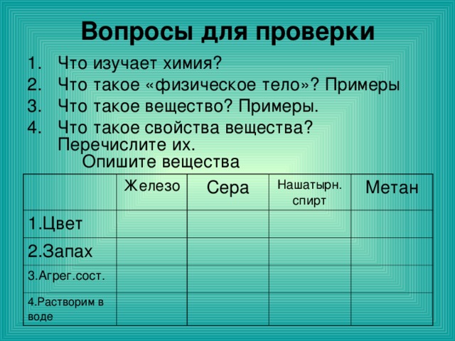 Вопросы для проверки Что изучает химия? Что такое «физическое тело»? Примеры Что такое вещество? Примеры. Что такое свойства вещества?  Перечислите их.  Опишите вещества   1.Цвет Железо 2.Запах Сера 3.Агрег.сост. Нашатырн.  спирт Метан 4.Растворим в воде 