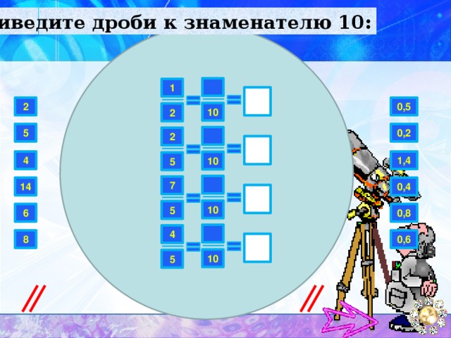     Приведите дроби к знаменателю 10:  1 0,5 2 10 2 5 0,2  2 4 1,4 10 5  7 14 0,4 10 5 6 0,8  4 8 0,6 10 5 