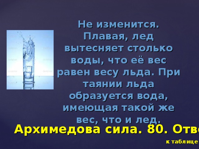 Не изменится. Плавая, лед вытесняет столько воды, что её вес равен весу льда. При таянии льда образуется вода, имеющая такой же вес, что и лед. Архимедова сила. 80. Ответ к таблице 