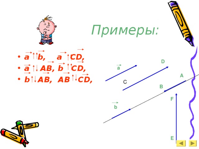  Примеры:  a b, a CD, a AB, b CD, b AB, AB CD,  D a A C B F b E 