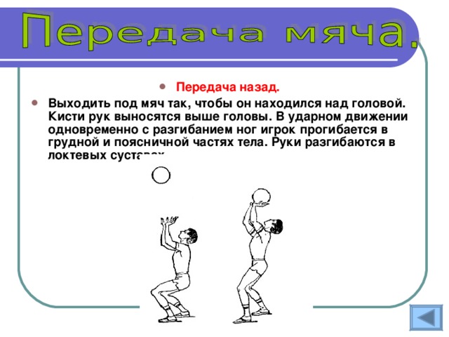 Передача назад.  Выходить под мяч так, чтобы он находился над головой. Кисти рук выносятся выше головы. В ударном движении одновременно с разгибанием ног игрок прогибается в грудной и поясничной частях тела. Руки разгибаются в локтевых суставах.  
