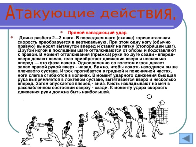 Прямой нападающий удар.  Длина разбега 2—3 шага. В последнем шаге (скачке) горизонтальная скорость преобразуется в вертикальную. При этом одну ногу (обычно правую) выносят вытянутой вперед и ставят на пятку (стопорящий шаг). Другой ногой в последнем шаге отталкиваются от опоры и подставляют к правой. В момент отталкивания (прыжка) руки по дуге сзади - вперед-вверх делают взмах, тело приобретает движение вверх и несколько вперед — это фаза взлета. Одновременно со взлетом игрок делает замах правой рукой вверх - назад. Важно, чтобы локоть находился выше плечевого сустава. Игрок прогибается в грудной и поясничной частях, ноги слегка сгибаются в коленях. В момент ударного движения бьющая рука выпрямляется в локтевом суставе, вытягивается вверх и несколько вперед. Затем опускается вперед - вниз. Кисть накладывают на мяч в расслабленном состоянии сверху - сзади. К моменту удара скорость движения руки должна быть наибольшей.  