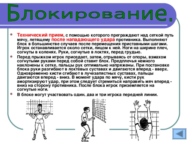 Технический прием , с помощью которого преграждают над сеткой путь мячу, летящему после нападающего удара противника. Выполняют блок в большинстве случаев после перемещения приставными шагами. Игрок останавливается около сетки, лицом к ней. Ноги на ширине плеч, согнуты в коленях. Руки, согнутые в локтях, перед грудью. Перед прыжком игрок приседает, затем, отрываясь от опоры, взмахом согнутыми руками перед собой ставит блок. Предплечья немного наклонены к сетке, пальцы рук оптимально напряжены . При постановке блока руки разгибают в локтевых суставах и двигаются вперед - вверх. Одновременно кисти сгибают в лучезапястных суставах, пальцы двигаются вперед - вниз. В момент удара по мячу, кисти рук амортизируют удар, при этом следует стремиться направить мяч вперед - вниз на сторону противника. После блока игрок приземляется на согнутые ноги. В блоке могут участвовать один, два и три игрока передней линии. 