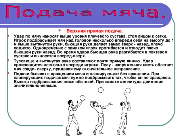  Верхняя прямая подача. Удар по мячу наносят выше уровня плечевого сустава, стоя лицом к сетке. Игрок подбрасывает мяч над головой несколько впереди себя на высоту до 1 м выше вытянутой руки, бьющая рука делает замах вверх - назад, плечо поднято. Одновременно с замахом игрок прогибается и отводит плечо бьющей руки назад. Во время удара бьющая рука разгибается в локтевом суставе и выносится вперед-вверх. Туловище и вытянутая рука составляют почти прямую линию. Удар производится несколько впереди игрока. Полу - напряженная кисть облегает мяч сзади- сверху, придавая ему окончательное направление. Подачи бывают с вращением мяча и планирующие без вращения. При планирующих подачах мяч нужно подбрасывать так, чтобы он не вращался. Высота подбрасывания ниже обычной. При замахе амплитуда движения значительно меньше. 